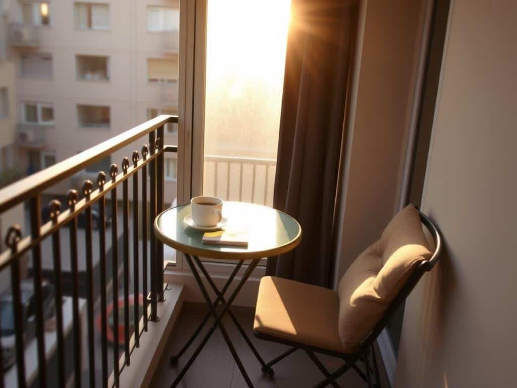 Small apartment balcony with a cozy breakfast nook for morning coffee