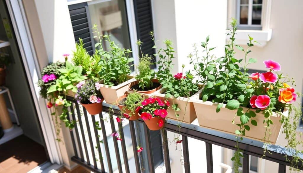 Small apartment balcony with colorful railing planters filled with herbs and flowers