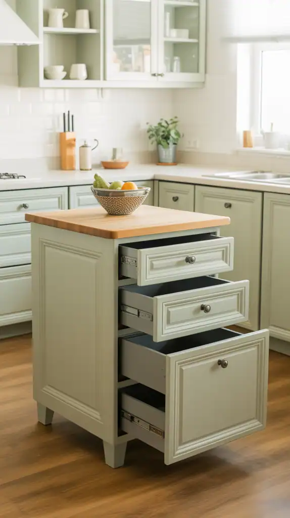 Small kitchen island with multiple hidden drawers and minimal design