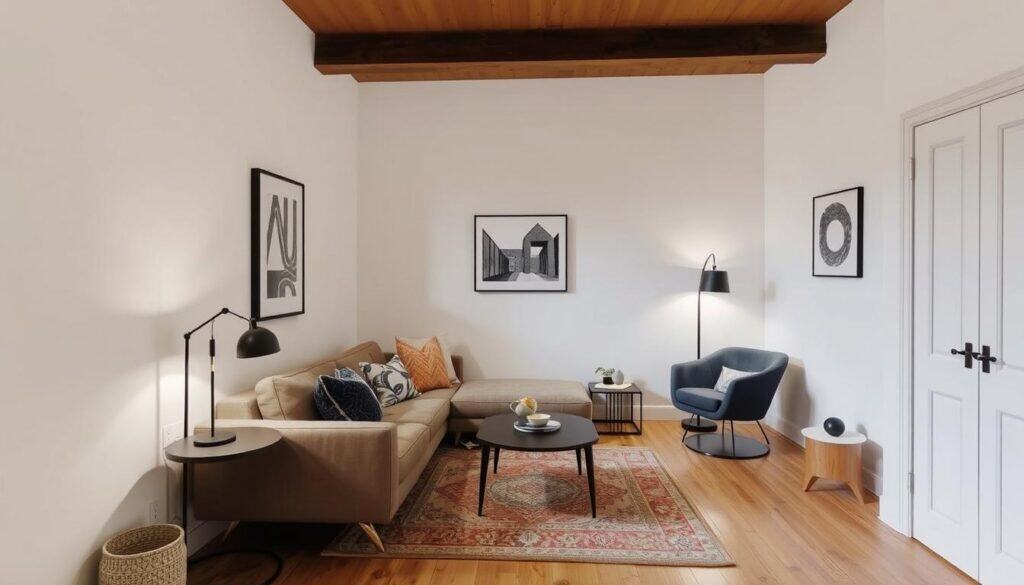 Small living room with clearly defined zones using area rugs and lighting