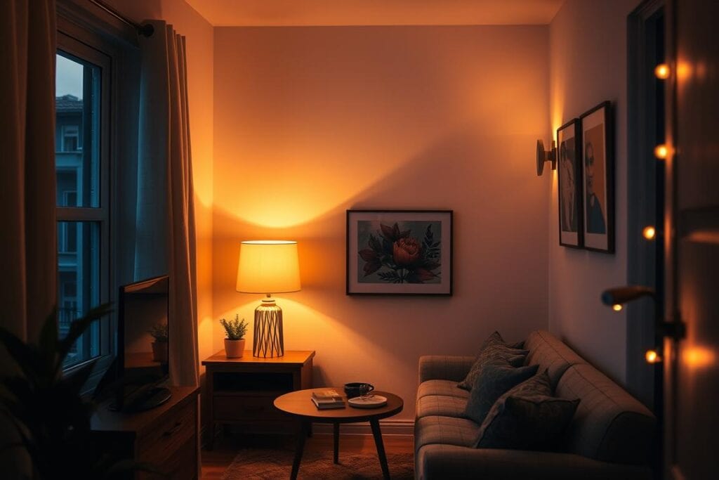 Small living room with layered lighting including table lamps, wall sconces, and string lights