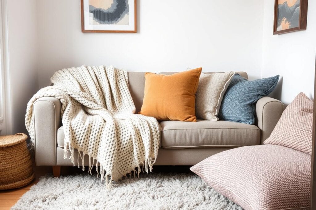 Small living room with layered textures including throw blankets, pillows, and a plush rug