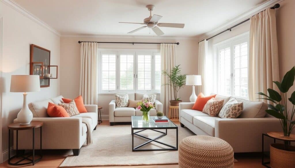 Small living room with light neutral color palette and pops of color in accessories