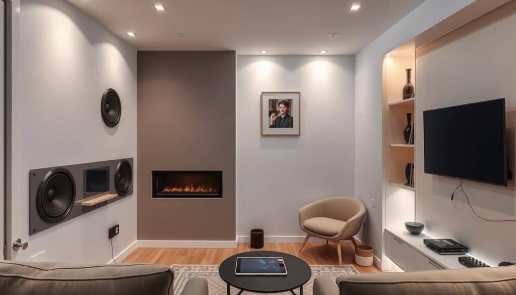 Small living room with smart technology including wall-mounted TV and hidden speakers
