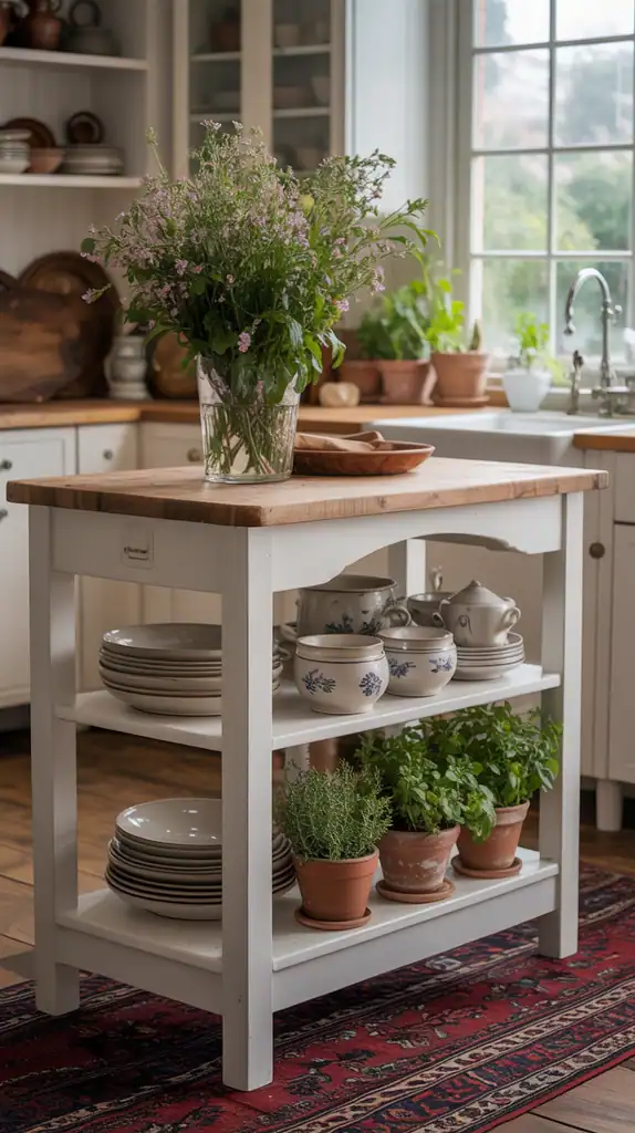 Small white kitchen island with open shelving and cottage style decor