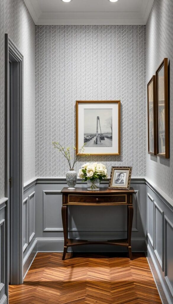 Sophisticated hallway with subtle gray herringbone pattern wallpaper
