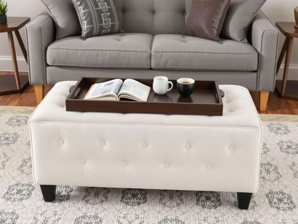 Storage ottoman used as a coffee table in a small living room with tray on top