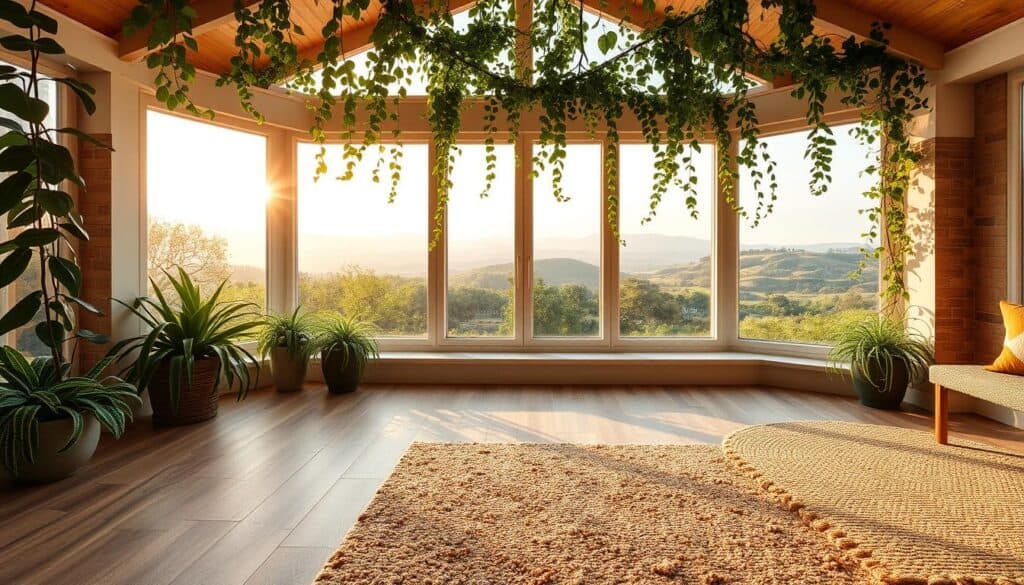 Sunroom flooring options, a panoramic scene of natural textures and materials. In the foreground, a selection of flooring samples arranged neatly - sleek hardwood planks, warm-toned stone tiles, and plush, textured area rugs. The middle ground features a well-lit sunroom interior, with large windows flooding the space with golden natural light. Lush, verdant plants and trailing vines frame the scene, creating a serene, garden-like atmosphere. The background showcases a scenic outdoor landscape, with rolling hills and a tranquil sky. The image conveys a sense of warmth, comfort, and connection to nature, perfectly suited for the "Essential Sunroom Materials and Structures" section.