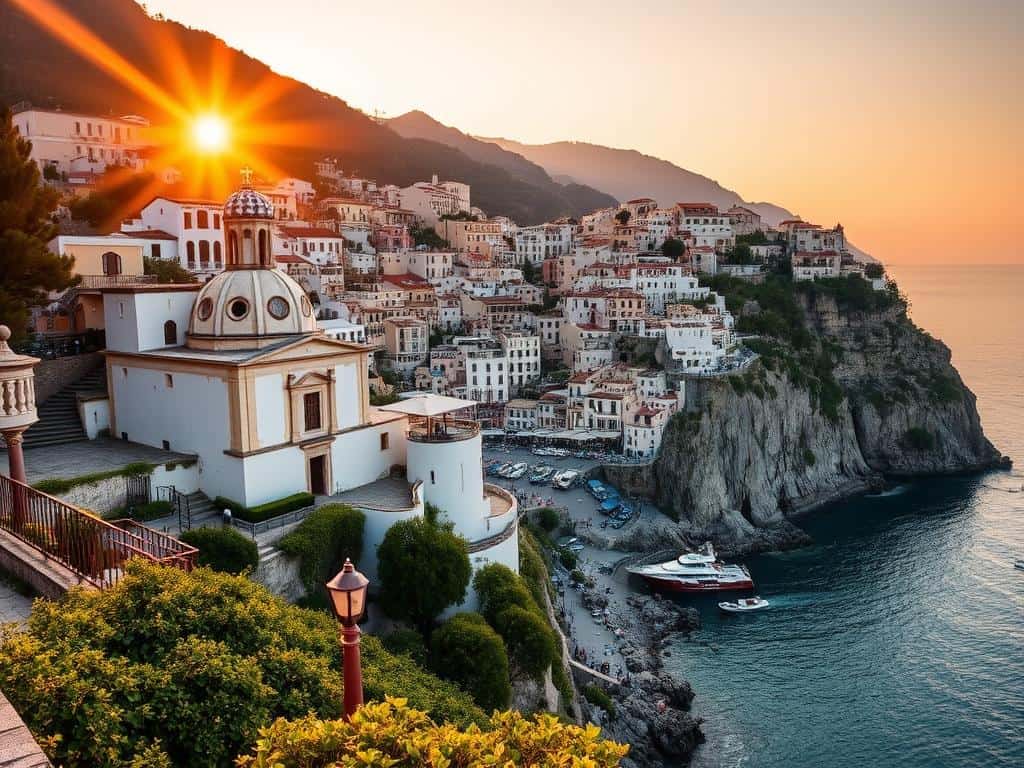 Sunset view from Praiano showing the colorful buildings and dramatic coastline of this Amalfi Coast town