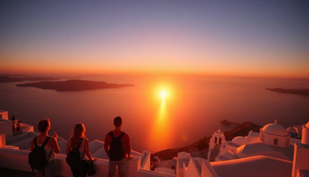 Sunset view over Santorini caldera with silhouettes of visitors enjoying the view