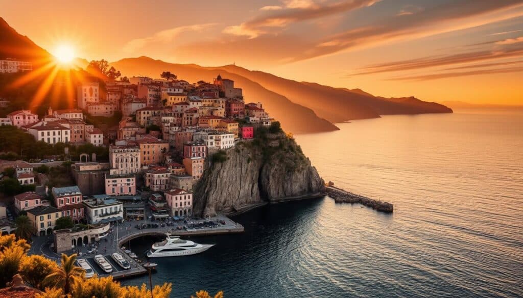 Sunset view over the Amalfi Coast towns with boats in the harbor, perfect ending to an Amalfi Coast towns to visit guide