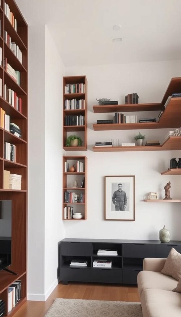 Tall bookcase and floating shelves utilizing vertical wall space in a small living room