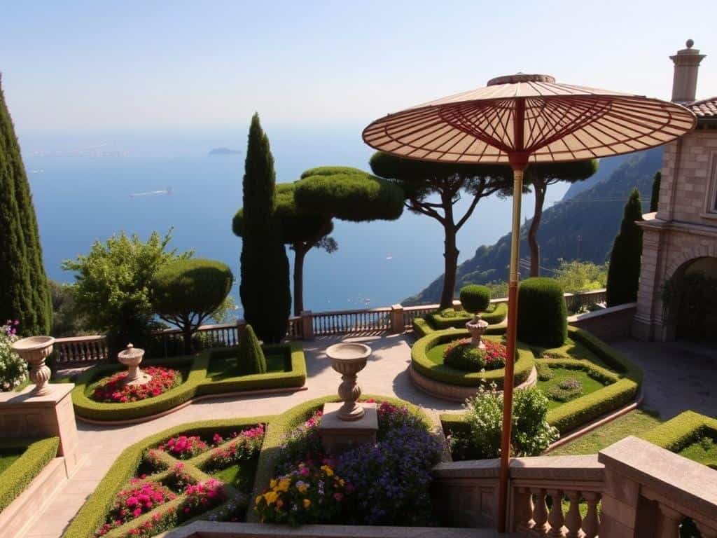 The gardens of Villa Rufolo in Ravello with panoramic views of the Amalfi Coast towns below