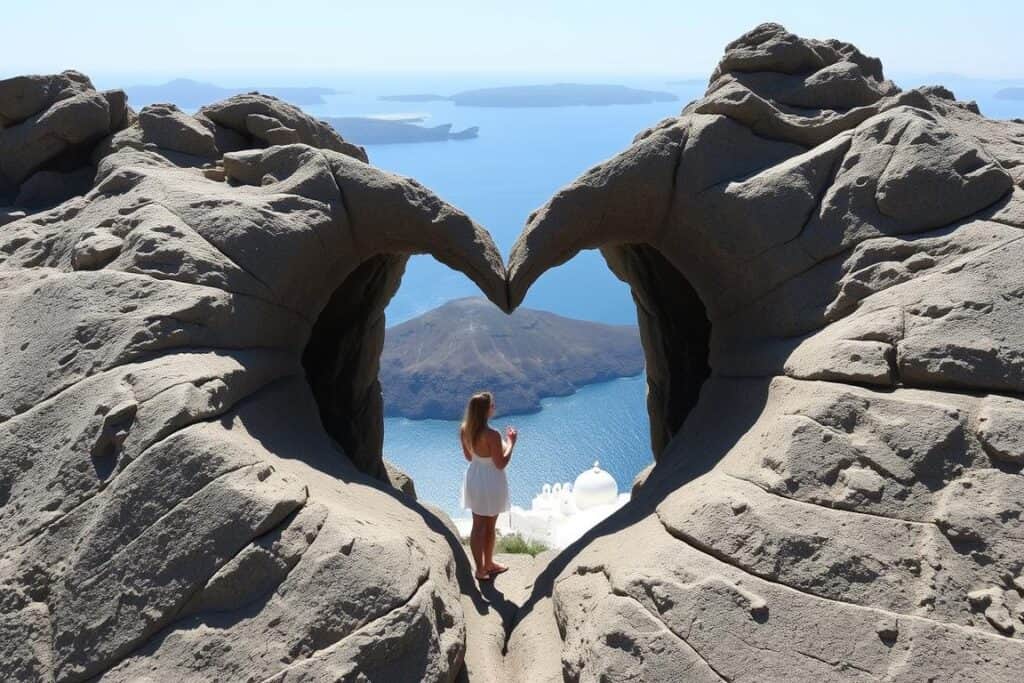 The natural heart-shaped rock formation with caldera views perfect for romantic photos