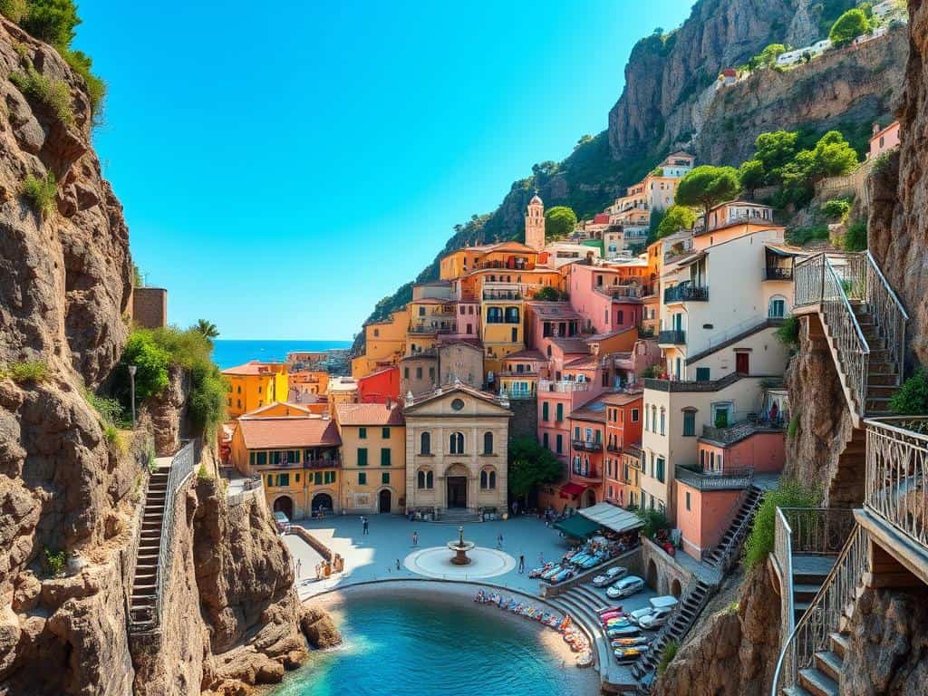 The tiny town of Atrani with its beach and medieval architecture, one of the smallest Amalfi Coast towns to visit