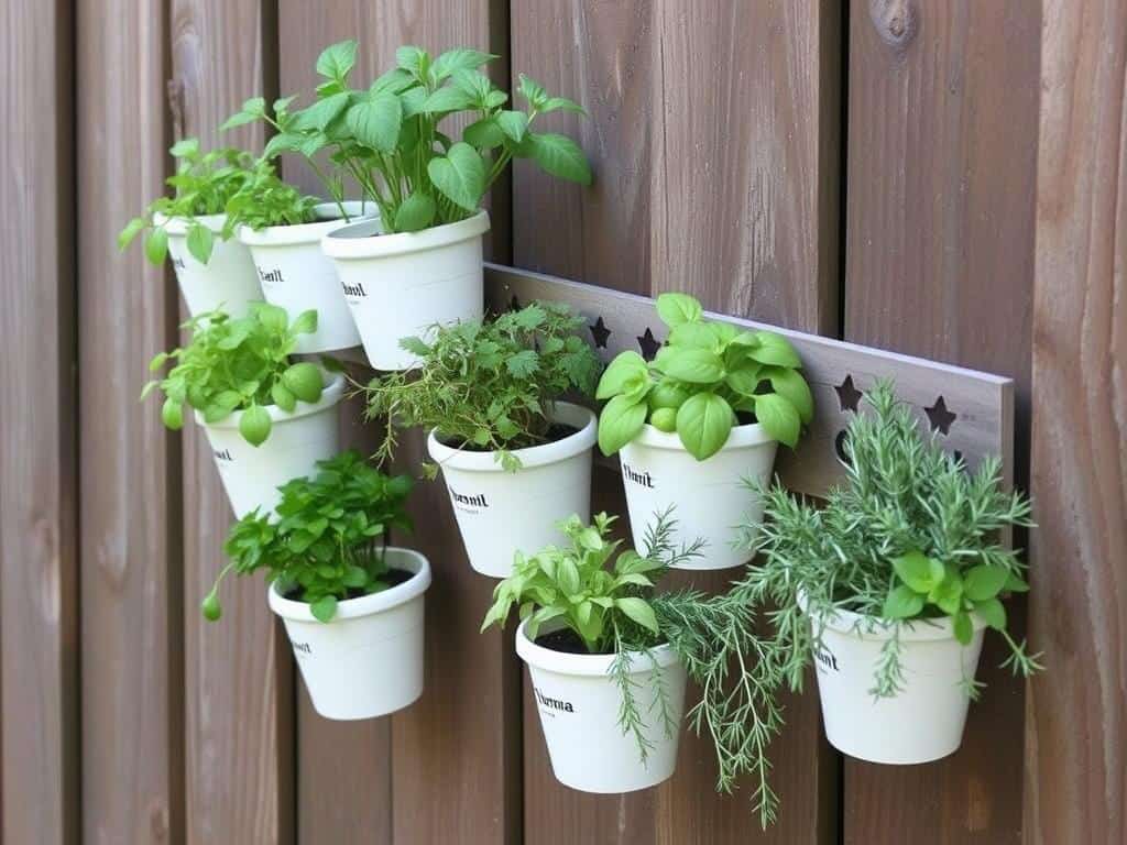 Vertical herb garden mounted on a fence with various herbs in small containers