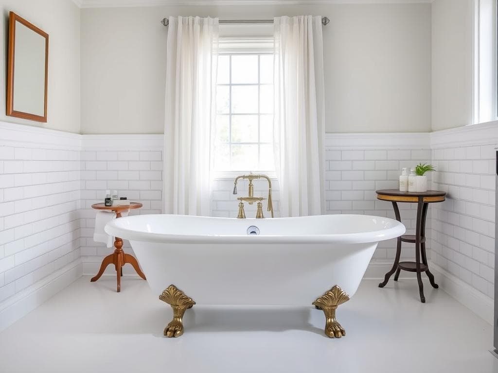 Vintage clawfoot tub with brass fixtures in a modern bathroom with subway tile