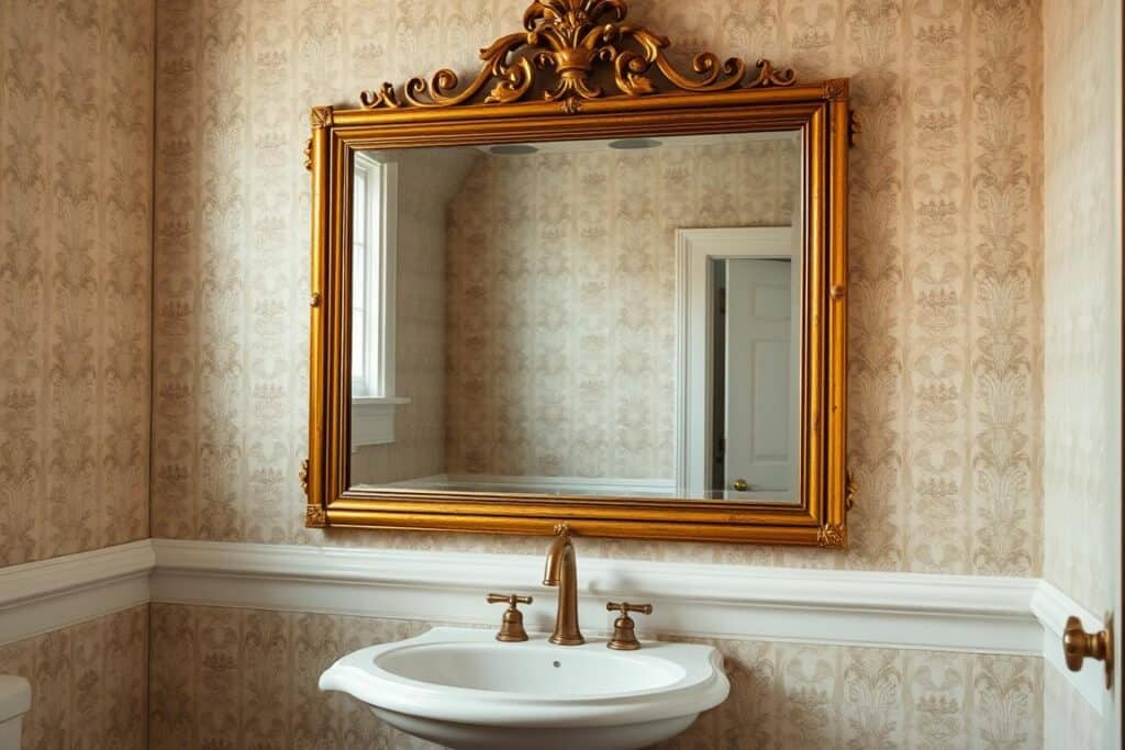 Vintage gold mirror with patina above a bathroom sink