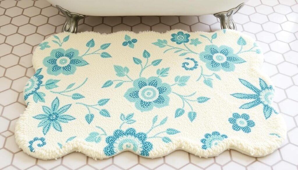 Vintage-inspired bath mat with floral pattern in a classic bathroom