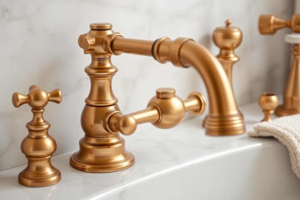 Vintage-inspired brass bathroom fixtures including faucet, towel bar, and cabinet pulls