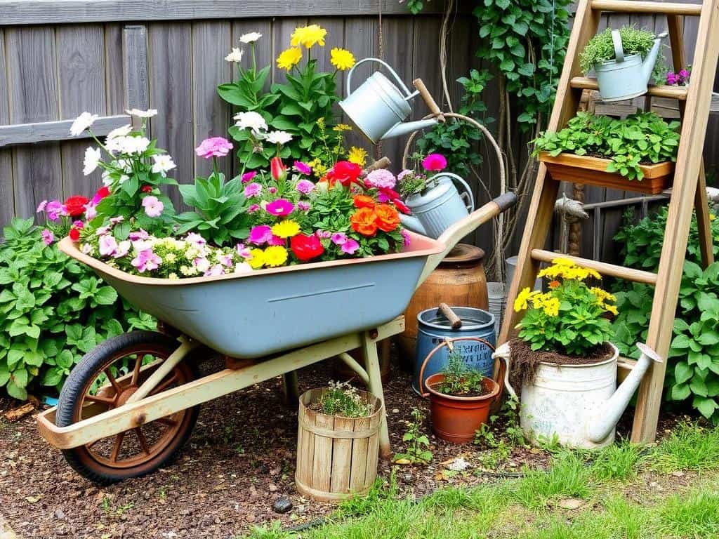 Vintage items repurposed as garden planters including old wheelbarrow and watering cans
