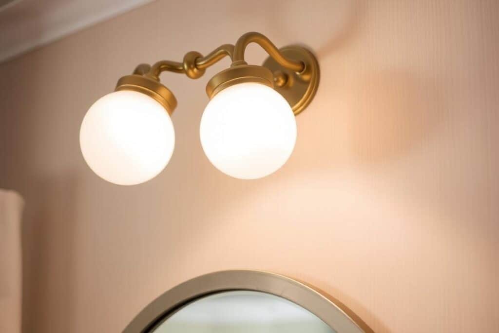 Vintage schoolhouse light fixture in a bathroom with soft white glow
