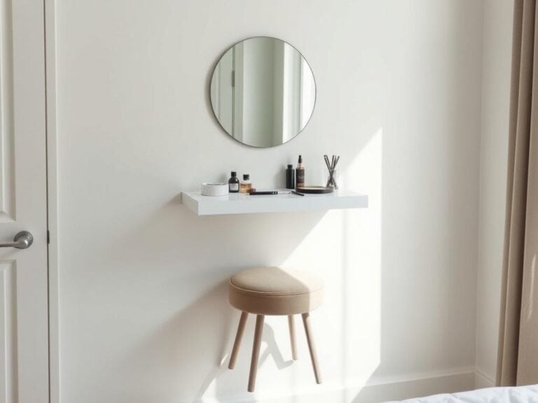 Wall-mounted floating vanity in a studio apartment with mirror and small stool