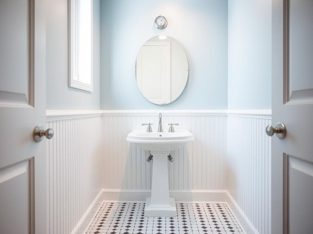 White beadboard paneling in a vintage-inspired bathroom with modern touches