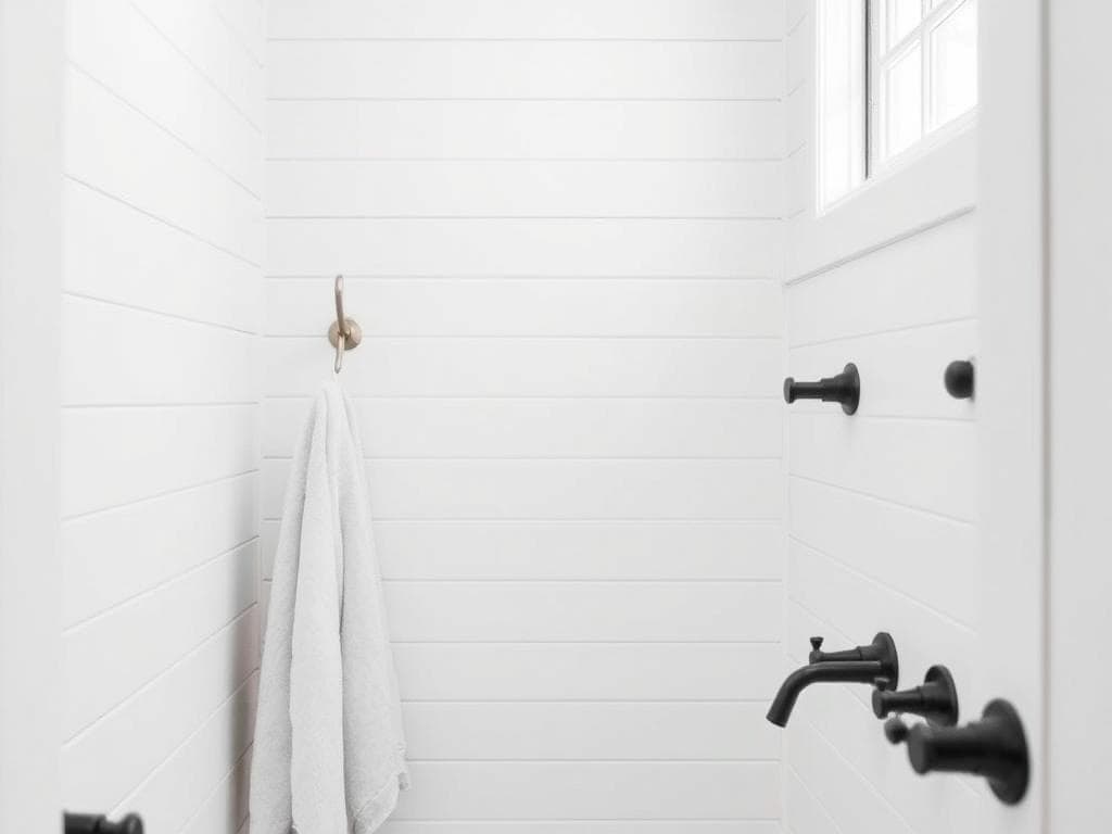 White shiplap walls in a small modern farmhouse bathroom with matte black fixtures