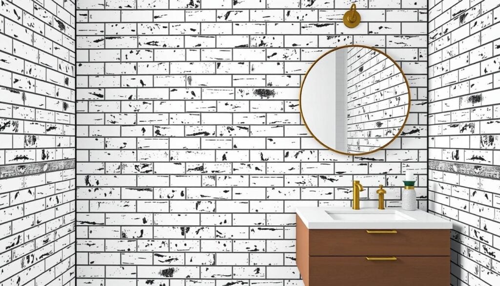 White subway tiles with dark grout in a vintage bathroom with modern fixtures