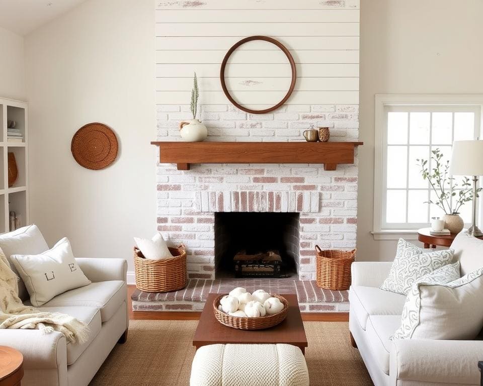 Whitewashed brick fireplace with shiplap above in a farmhouse-style living room