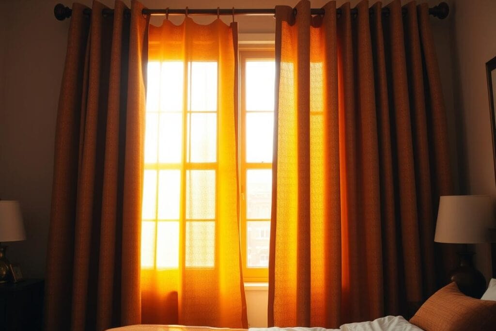 Window with rich amber curtains filtering morning light