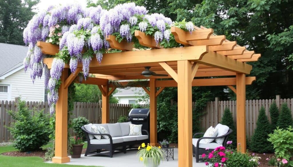 Wooden pergola covered with flowering vines creating a shaded seating area