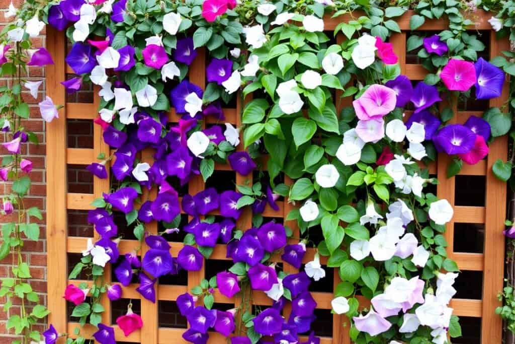 Wooden trellis covered with flowering vines creating a beautiful garden wall