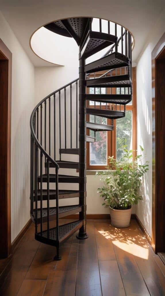 A black metal spiral staircase tucked into a cozy corner, surrounded by natural light and wooden floors.