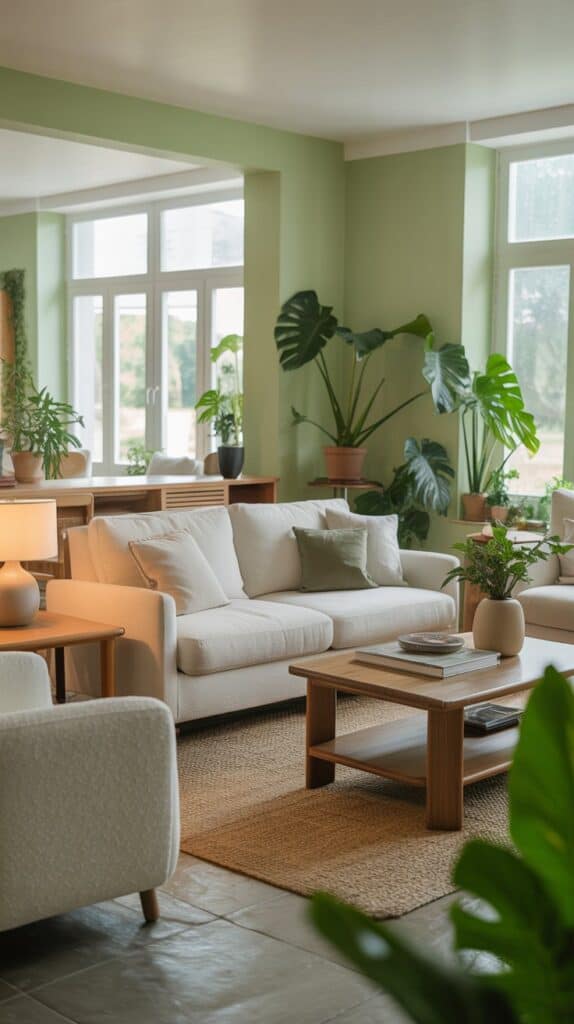 A bright, airy living room with light-colored furniture and lush green accents. A plush, cream-colored sofa and matching armchair take center stage, surrounded by a wooden coffee table and end tables. The walls are painted a soft, calming green, complemented by verdant houseplants and natural light streaming in through large windows. The room has a warm, inviting atmosphere, with a subtle mix of textures and materials that create a harmonious, cohesive design. The lighting is soft and diffused, creating a soothing ambiance that highlights the natural tones of the furniture and decor. A bright, airy living room with light-colored furniture and lush green accents. A plush, cream-colored sofa and matching armchair take center stage, surrounded by a wooden coffee table and end tables. The walls are painted a soft, calming green, complemented by verdant houseplants and natural light streaming in through large windows. The room has a warm, inviting atmosphere, with a subtle mix of textures and materials that create a harmonious, cohesive design. The lighting is soft and diffused, creating a soothing ambiance that highlights the natural tones of the furniture and decor.
