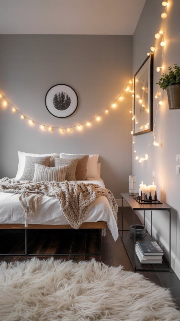 A cozy bedroom with candles and fairy lights creating a warm atmosphere.