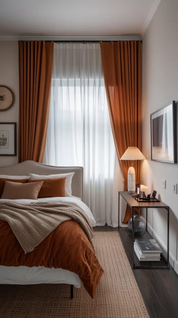 A cozy bedroom with layered curtains, featuring rust-colored and sheer white curtains, creating a warm and inviting atmosphere.