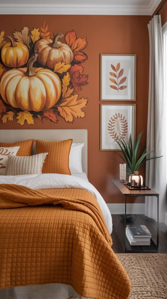 When it comes to decorating your bedroom for fall, an earthy color palette can make a huge difference. The warm tones of orange, brown, and cream create a cozy atmosphere that invites relaxation. In the image, we see a beautifully styled bedroom featuring a rich orange quilt that instantly draws the eye.

The walls are painted in a soft terracotta, which complements the bedding perfectly. This color choice not only adds warmth but also enhances the natural light streaming in through the window. The combination of textures, from the smooth bedding to the woven rug, adds depth to the space.

Decorative elements like framed botanical prints and a potted plant bring a touch of nature indoors. These details help to create a serene environment, perfect for unwinding after a long day. The overall look is inviting and stylish, making it easy to feel at home.