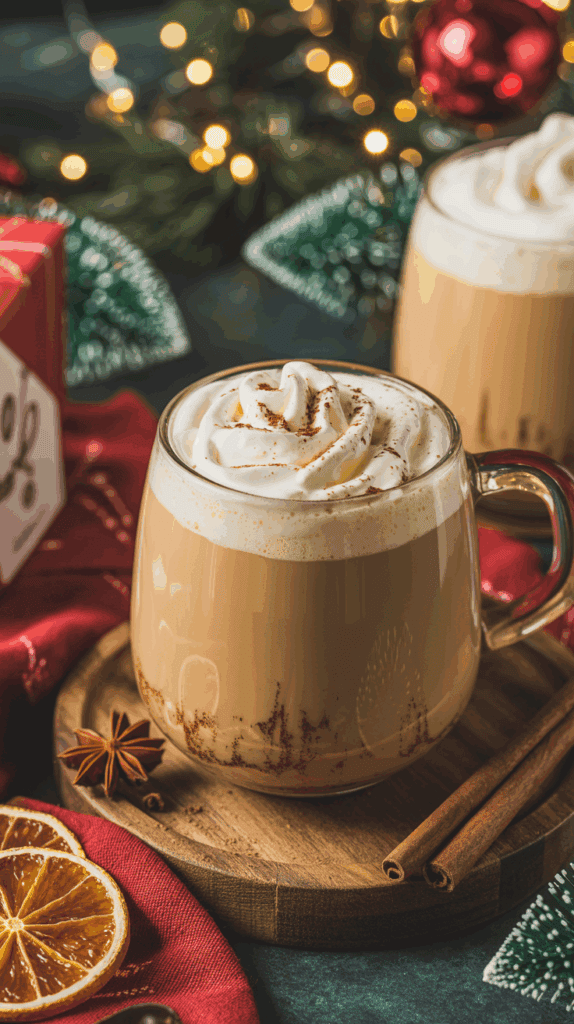 A cozy mug of spiced bourbon eggnog topped with whipped cream and a sprinkle of nutmeg, surrounded by festive decorations.