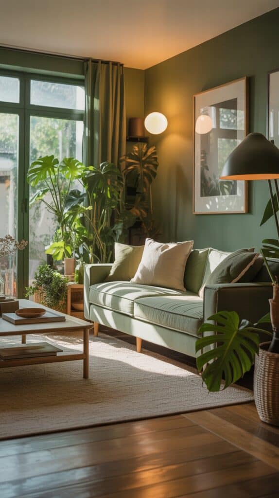 A cozy, well-lit green living room with lush houseplants and natural textures. Soft, diffused lighting illuminates the space, creating a warm, inviting atmosphere. A large floor lamp casts a gentle glow, while task lighting accentuates key decor elements. Sunlight streams through large windows, complementing the earthy tones. Carefully placed accent lights highlight artwork and architectural features. The room exudes a sense of balance and harmony, blending nature-inspired hues with modern, minimalist furnishings. A cozy, well-lit green living room with lush houseplants and natural textures. Soft, diffused lighting illuminates the space, creating a warm, inviting atmosphere. A large floor lamp casts a gentle glow, while task lighting accentuates key decor elements. Sunlight streams through large windows, complementing the earthy tones. Carefully placed accent lights highlight artwork and architectural features. The room exudes a sense of balance and harmony, blending nature-inspired hues with modern, minimalist furnishings.