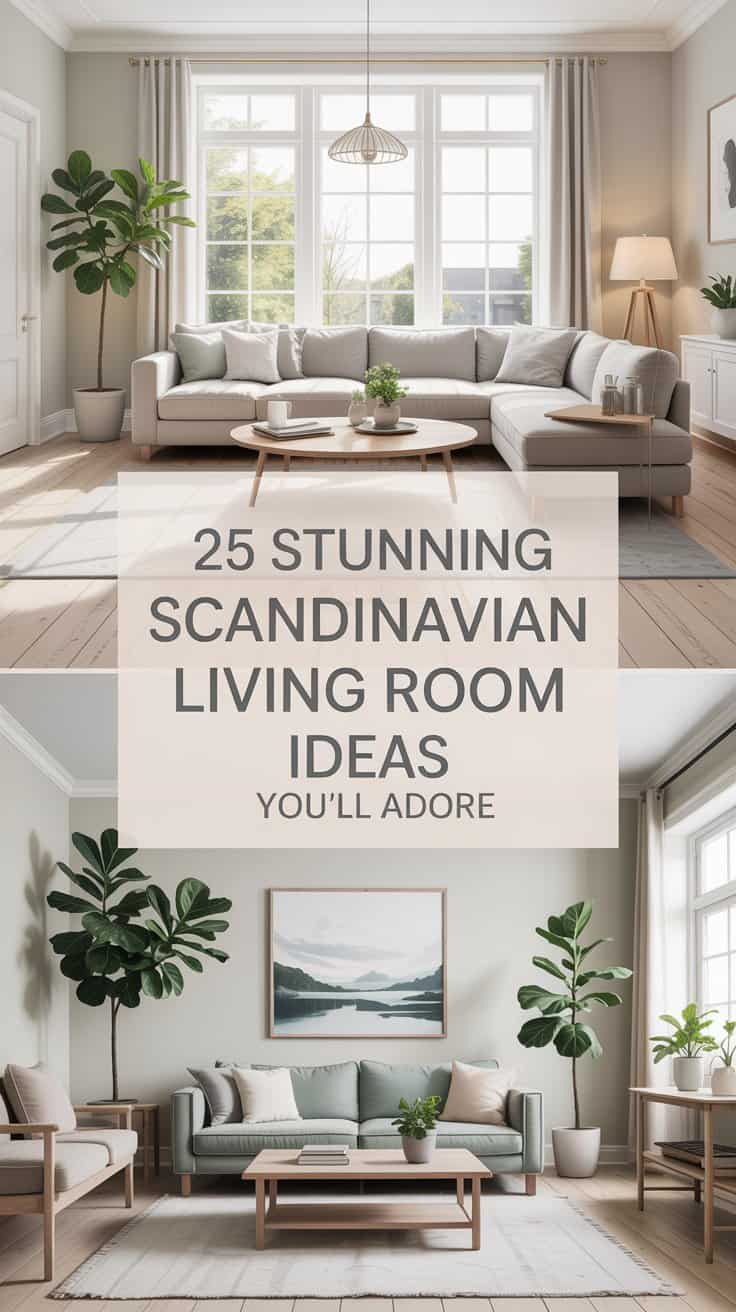 A digital collage showcasing various Scandinavian living room designs with a focus on natural light and minimalist decor. The central image features a bright, airy living room with a light gray sectional sofa, a light wooden coffee table, and a large potted fiddle leaf fig tree in the corner. Overlaying the collage is the text "25 Stunning Scandinavian Living Room Ideas You’ll Adore" in a clean, modern sans-serif font in dark gray. Soft, diffused light streams through large windows, illuminating the room and creating a serene, inviting atmosphere with a pale beige wall color and light wooden floors.