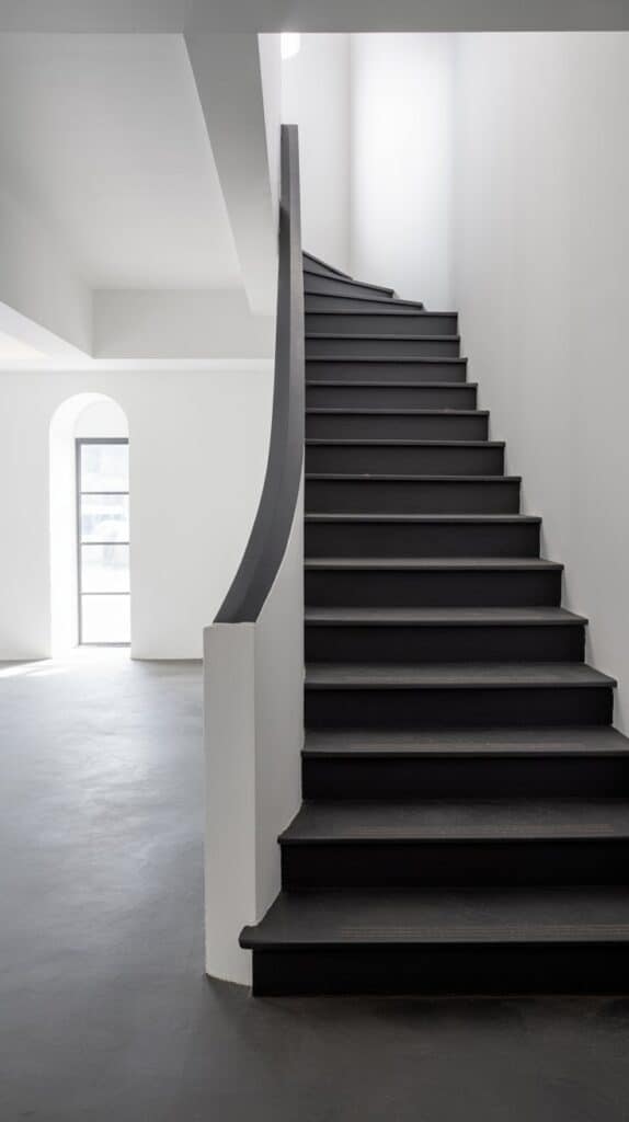 A dramatic black staircase with matching treads, risers, and railing in a modern white room.
