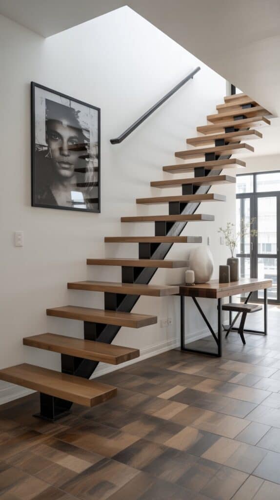 A floating staircase with steel frames, thick wood treads, and exposed bolts for an edgy loft look.