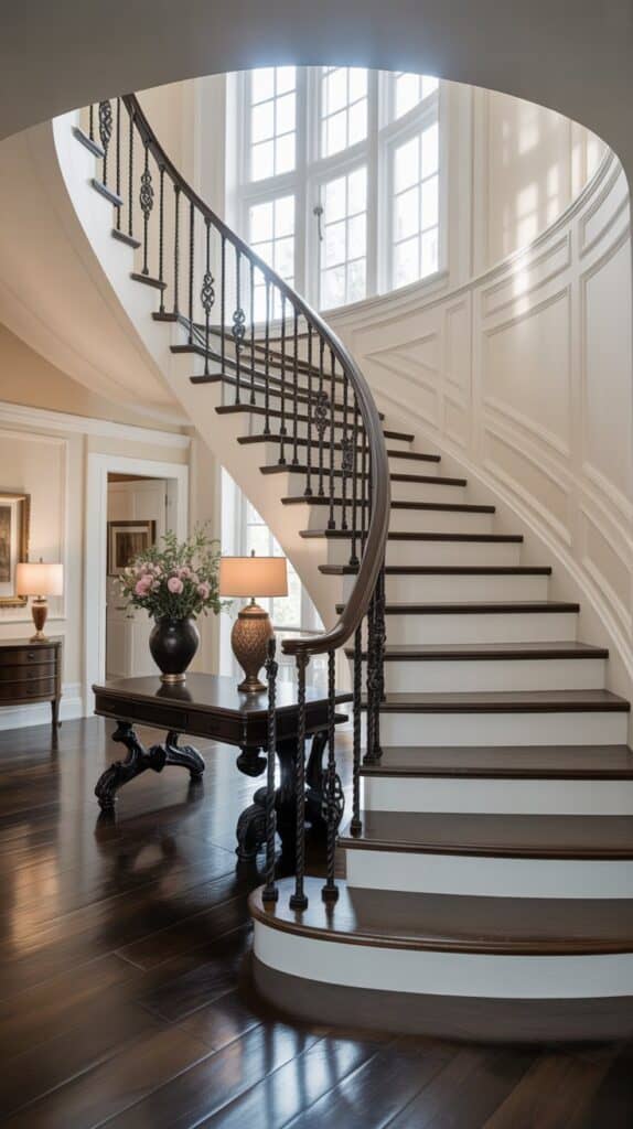 A graceful curved staircase with iron balusters and dark-stained wood treads leading into a grand foyer.