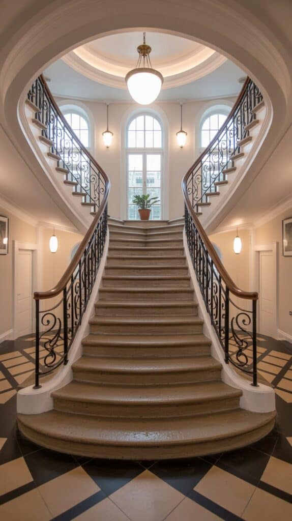 A grand staircase that splits into two curved directions at the landing, framed by pendant lighting above.