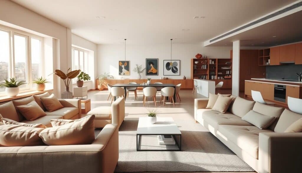 a minimalist open-concept living space with clearly defined functional zones, bathed in warm, natural lighting from large windows. In the foreground, a cozy seating area with plush sofas and chairs arranged around a modern coffee table. In the middle ground, a dining table with simple, elegant chairs, positioned near a kitchen counter with modern appliances. The background features bookshelves, potted plants, and artwork on the walls, creating a sense of balance and harmony. The overall atmosphere is one of tranquility and functionality, showcasing how distinct living, dining, and cooking areas can be seamlessly integrated within a fluid, open-plan design. a minimalist open-concept living space with clearly defined functional zones, bathed in warm, natural lighting from large windows. In the foreground, a cozy seating area with plush sofas and chairs arranged around a modern coffee table. In the middle ground, a dining table with simple, elegant chairs, positioned near a kitchen counter with modern appliances. The background features bookshelves, potted plants, and artwork on the walls, creating a sense of balance and harmony. The overall atmosphere is one of tranquility and functionality, showcasing how distinct living, dining, and cooking areas can be seamlessly integrated within a fluid, open-plan design.