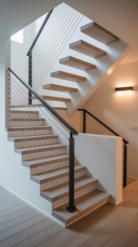 A modern staircase with sleek cable wire railing, white walls, and light wood floating steps.