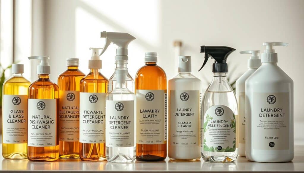 a neatly arranged display of various natural and eco-friendly cleaning products, including glass cleaner, dishwashing liquid, laundry detergent, and all-purpose cleaners, all packaged in minimalist, sustainable containers with earth-toned labels, set against a bright, airy background with natural lighting filtering in, creating a calming, serene atmosphere that evokes a sense of environmental consciousness and a commitment to sustainable living