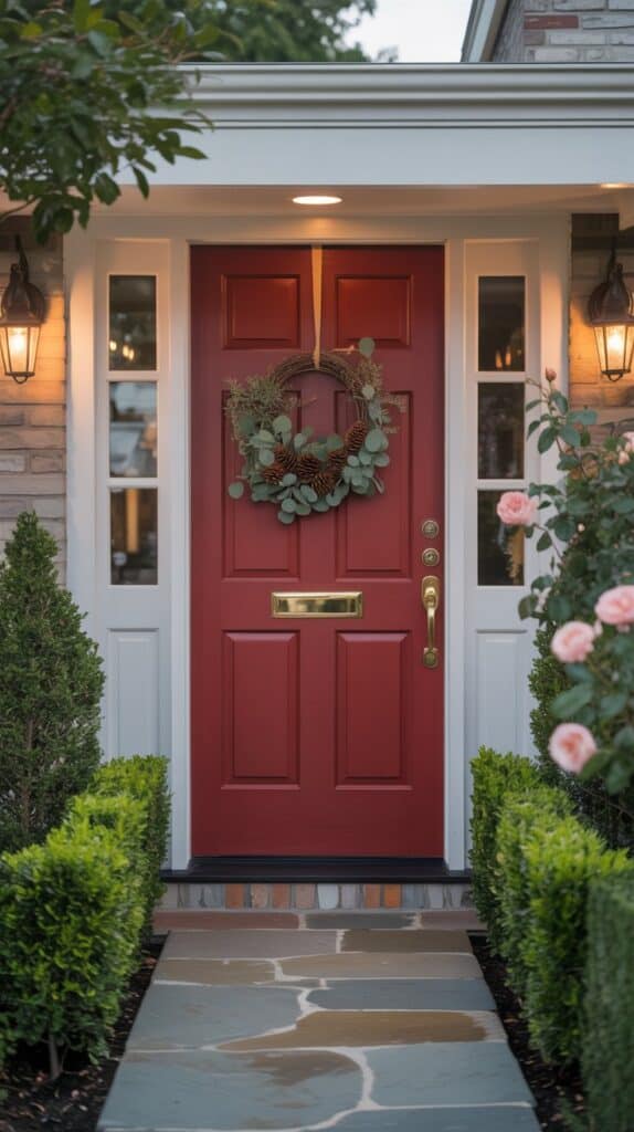 A beautifully renovated suburban front entrance featuring a vibrant red door with brass hardware and a eucalyptus and pinecone wreath. Neatly trimmed boxwood hedges line a stone pathway leading to the door, flanked by warm-toned wall sconces. Blooming roses are visible in the background, with soft sunlight creating a warm, inviting atmosphere.